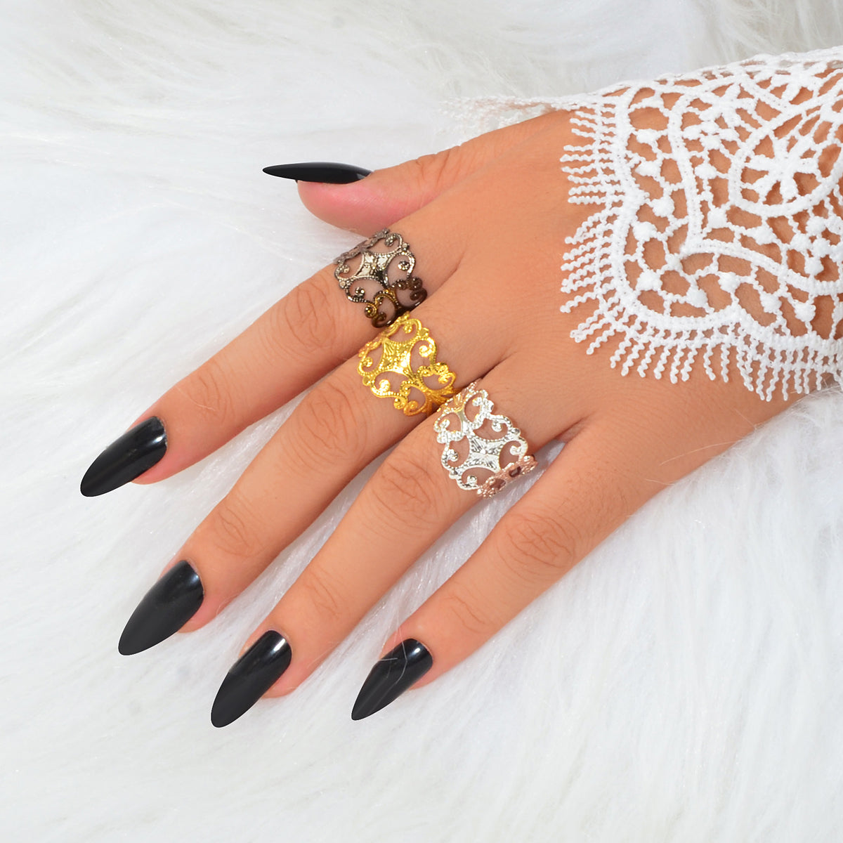 Retro Court Style 3pcs Gold Silver Geometric Flower Open Cuff Stackable Ring Set-0