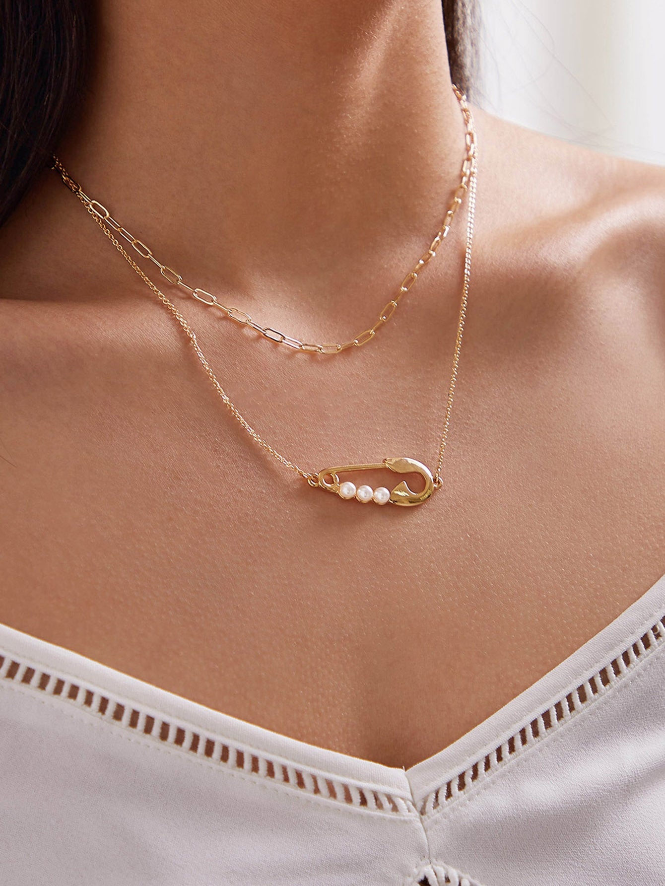 2pcs Popular Accessories Gold Chain Pearl Decor Pin Charm Necklace Women Jewelry-0