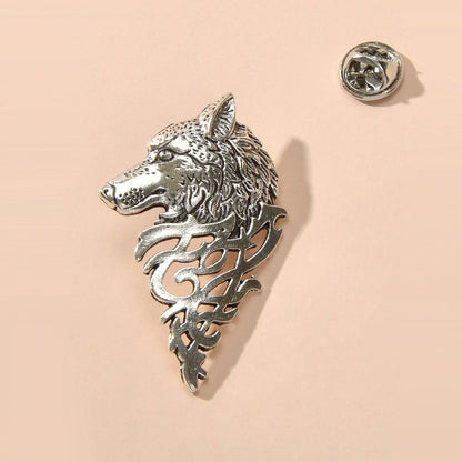 Vintage Punk Antique Silver Carved Wolf Head Pin Lapel Brooch Badge Accessories-0