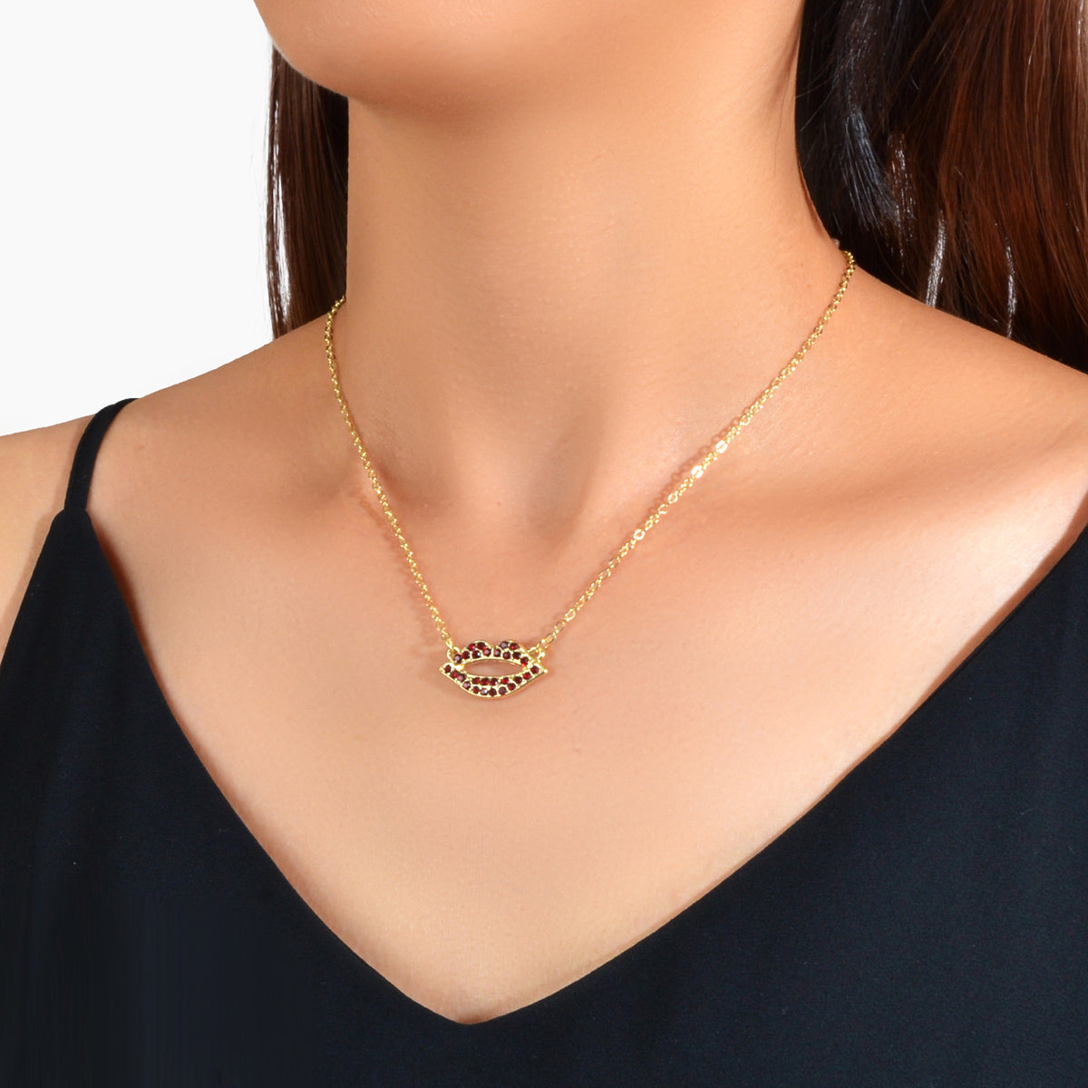 Valentine's Day Lover Gift Jewelry Gold Chain Red Rhinestone Lips Charm Necklace-0