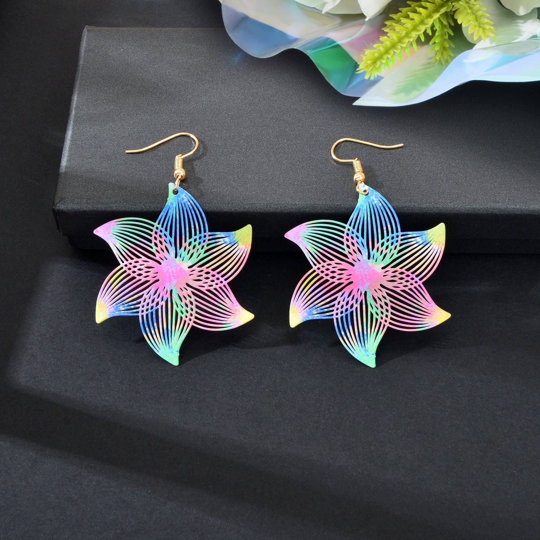 Y2k Jewelry Colorful Hollow Flower Metal Dangle Earrings Party Daily Vacation Jewelry Rave Accessories-3