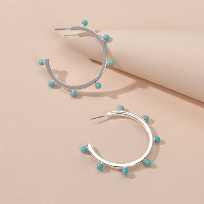 Designer Stylish Blue Hotpink Beads Silver Circle C Hoop Huggie Stud Earrings-4