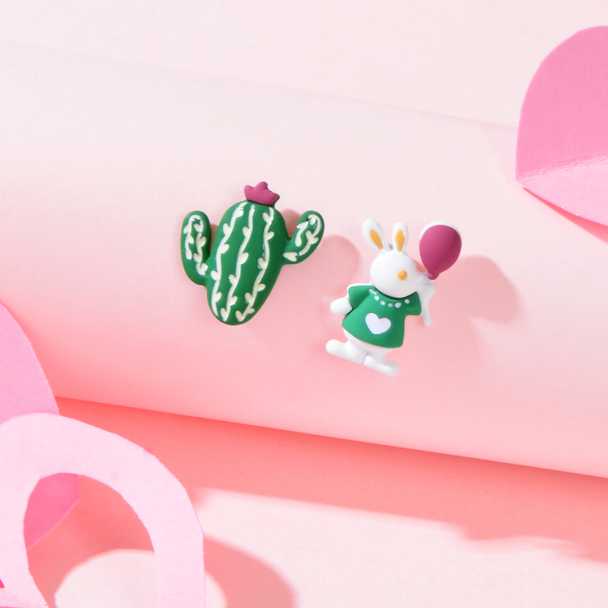 Funny Cartoon Green Cactus Easter Bunny Rabbit Animal Stud Asymmetrical Earrings-0