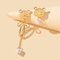 Asymmetrical Pearl Decoration Gold Long Chain Bear Dangle Stud Pierced Earrings-0