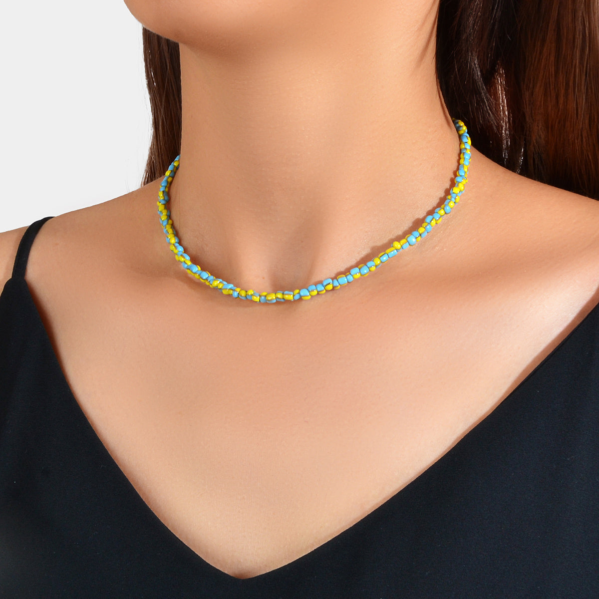 Boho Chic Handmade Blue Yellow Multi-colored Beads Collar Short Ethnic Necklace-0