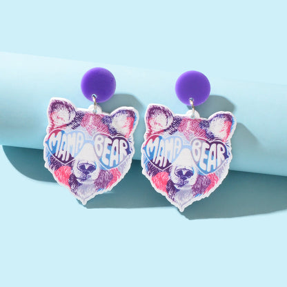 Stylish Purple Acrylic Letter Bear Head Dangle Earrings Women Party Decoration-0