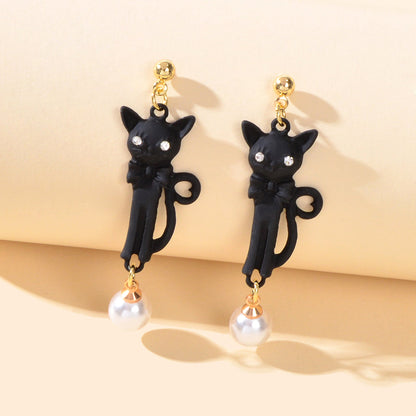 Funny Personality Creative Animal White Black Long Cat Dangling Element Earrings-0