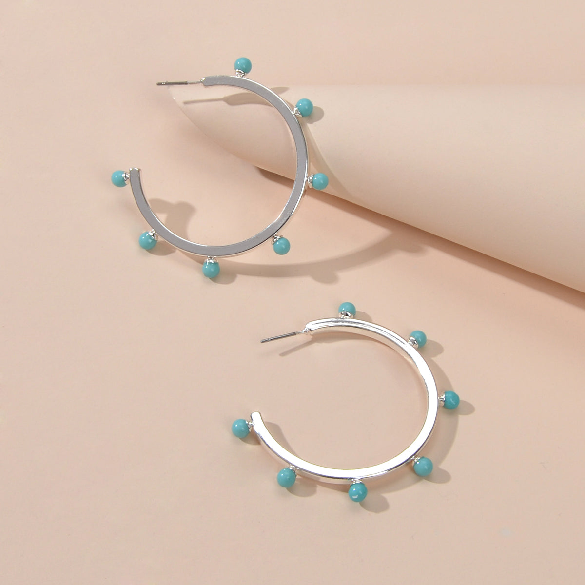 Designer Stylish Blue Hotpink Beads Silver Circle C Hoop Huggie Stud Earrings-0