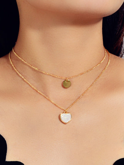 2 pcs Multiple Gold Silver Chain Round Heart Charm Women Necklace Female Jewelry-0