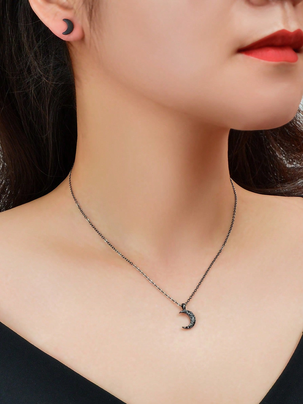 Black Moon Pendant with Moon and Stars Stud Earrings Set Celestial Jewelry Gift-1