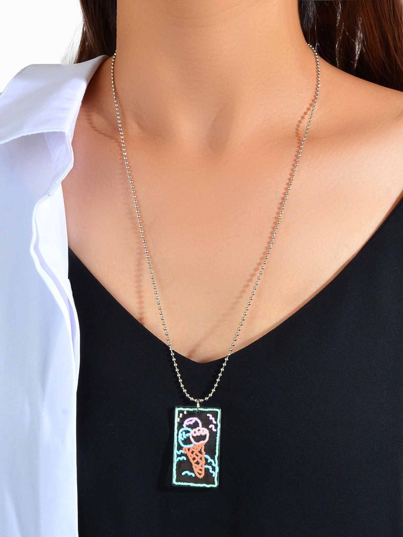 Long Silver Chain Resin Ice Cream Square Charm Necklace Best Friends Funny Gift-0