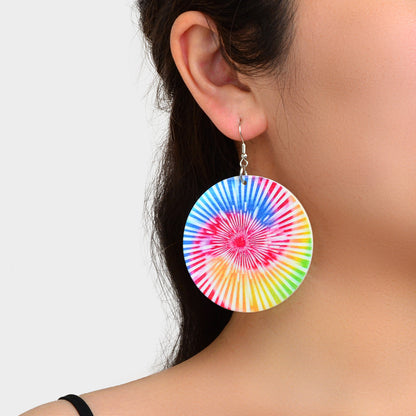 Bohemian Colourful Geometric Pattern Round Wood Dangling Elements Hook Earrings-0