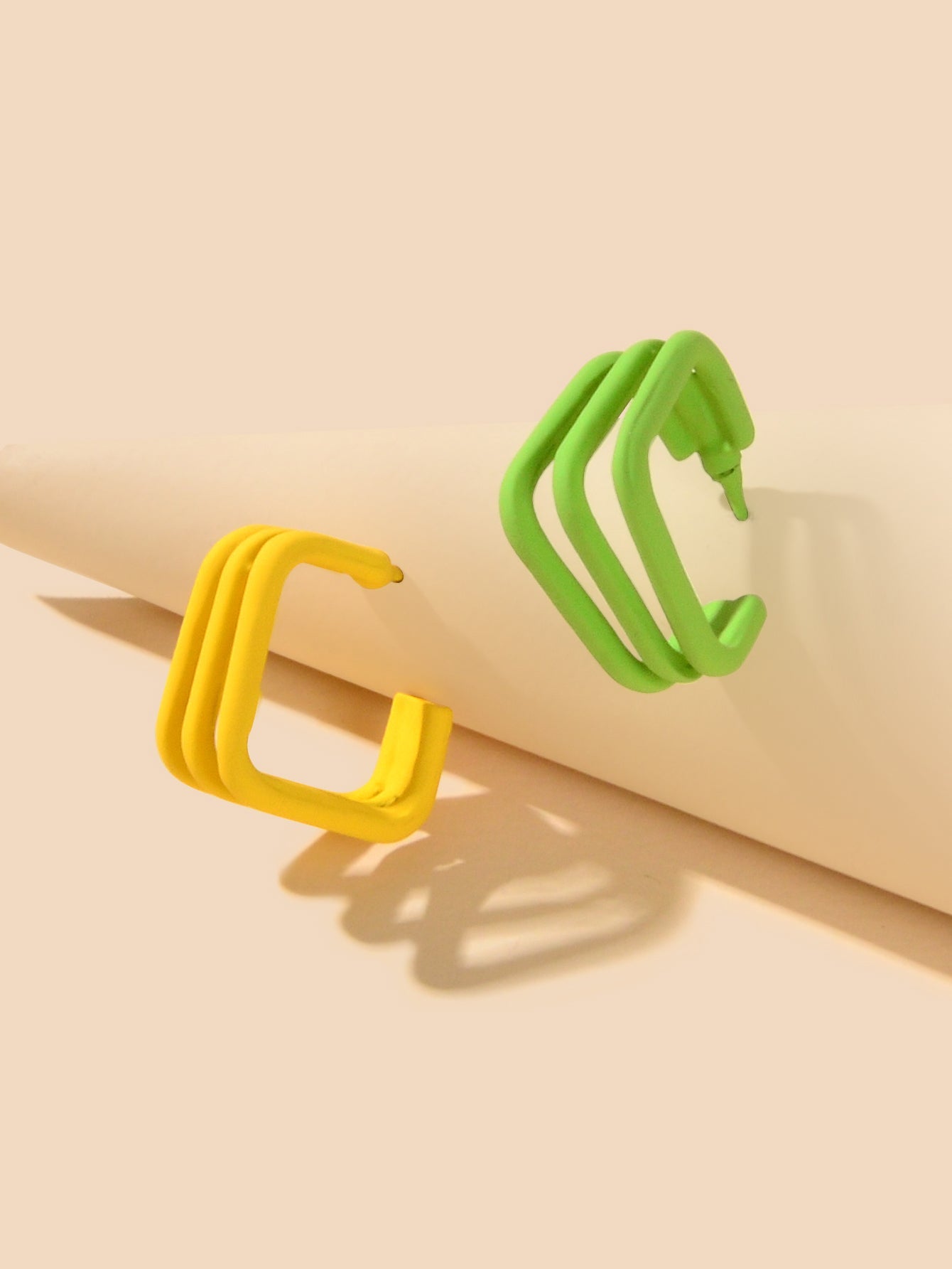 Unique Designer Yellow Green Geometric Personality Asymmetric Hoop Stud Earrings-0