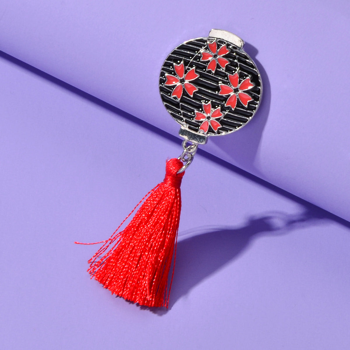 Chinese Ethnic Style Red Flower Black Lantern Brooch with Tassel Lapel Pin Badge-0