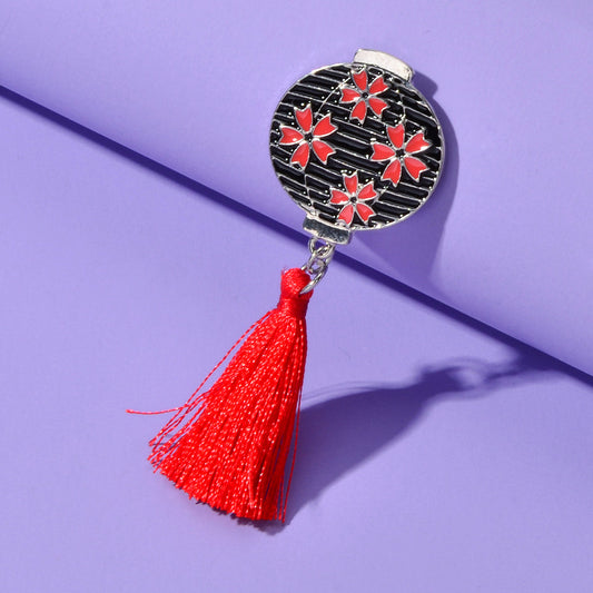 Chinese Ethnic Style Red Flower Black Lantern Brooch with Tassel Lapel Pin Badge-0