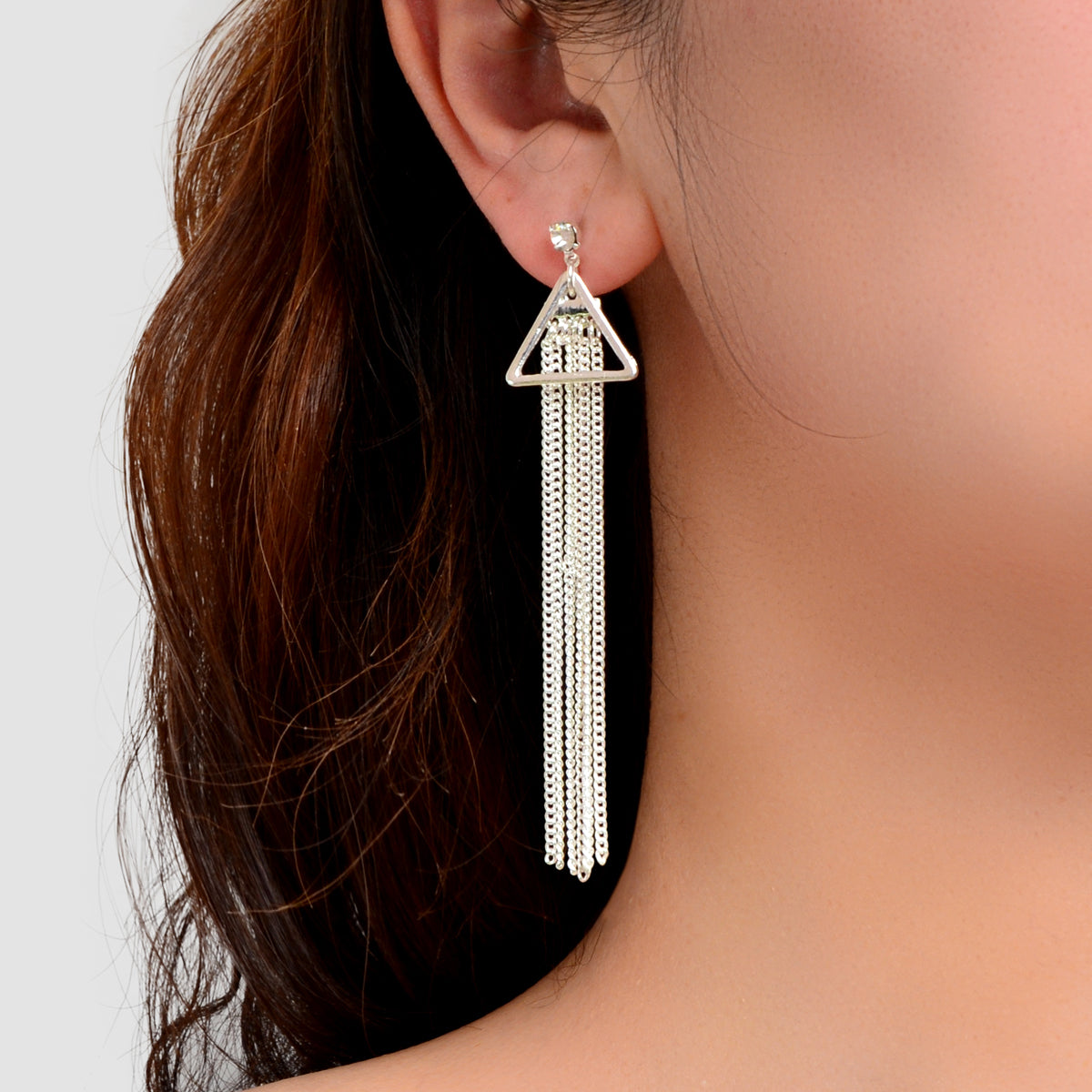 Rhinestone Triangle Silver Tassel Long Chain Drop Dangle Party Stud Earrings-5