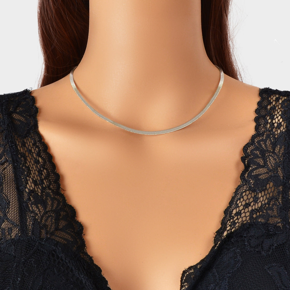 Punk Silver Minimalist Flat Herringbone Snake Chain Necklace Short Women Collar-0