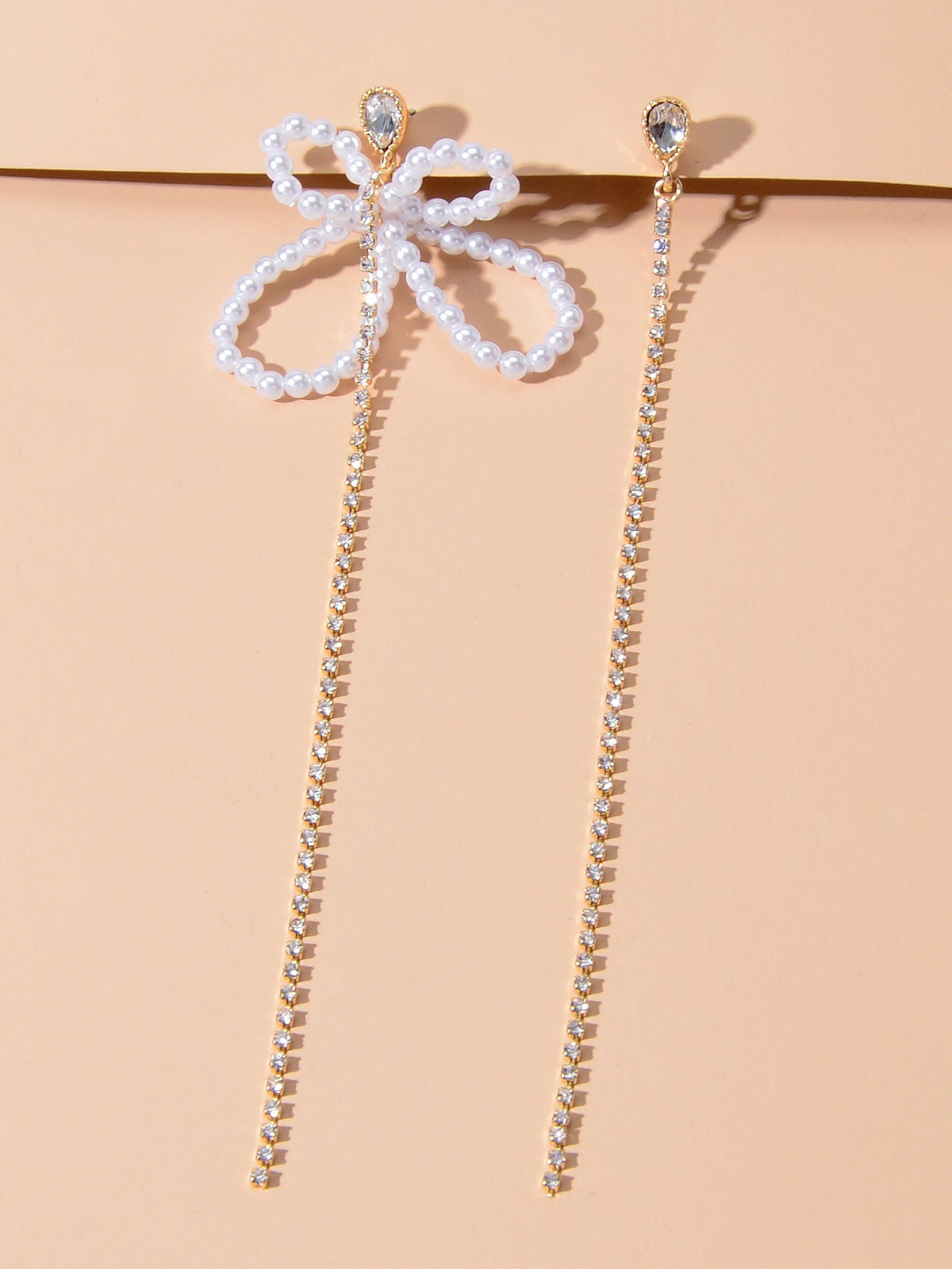 Sweet Pearl Beads Flower Rhinestone Long Gold Chain Asymmetric Pendant Earrings-2