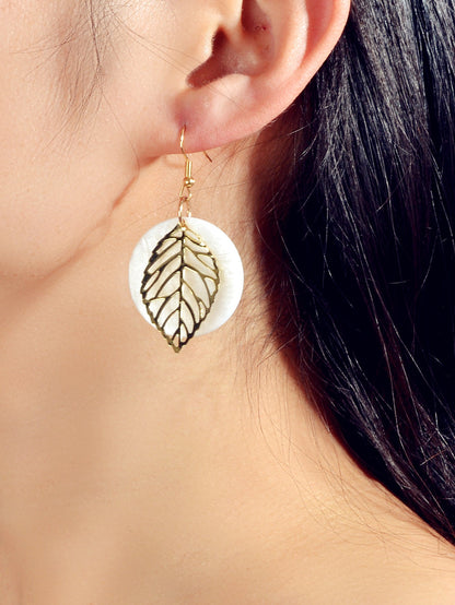 Trendy Gold Leaf White Shell Disc Round Charm Dangle Bho Chic Holiday Earrings-0