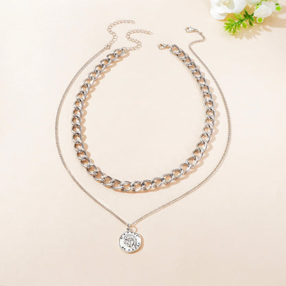 Hip Hop Double Layer Silvery Chunky Chain Round Portrait Pendant Necklace Street Statement Jewelry-3