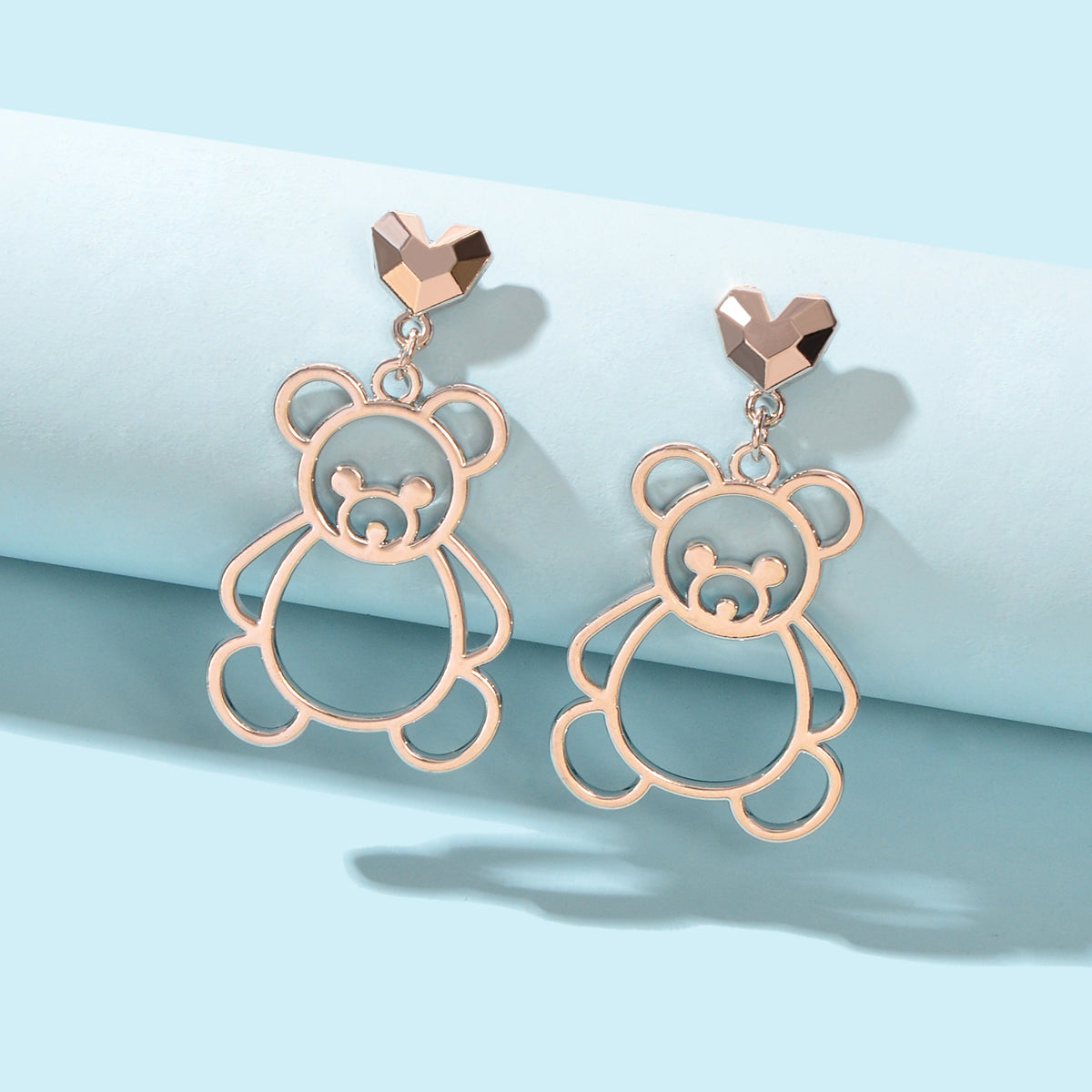 Lovely Silver Hollow Bear Dangle Design Pierced Dainty Heart Stud Earrings Gift-0