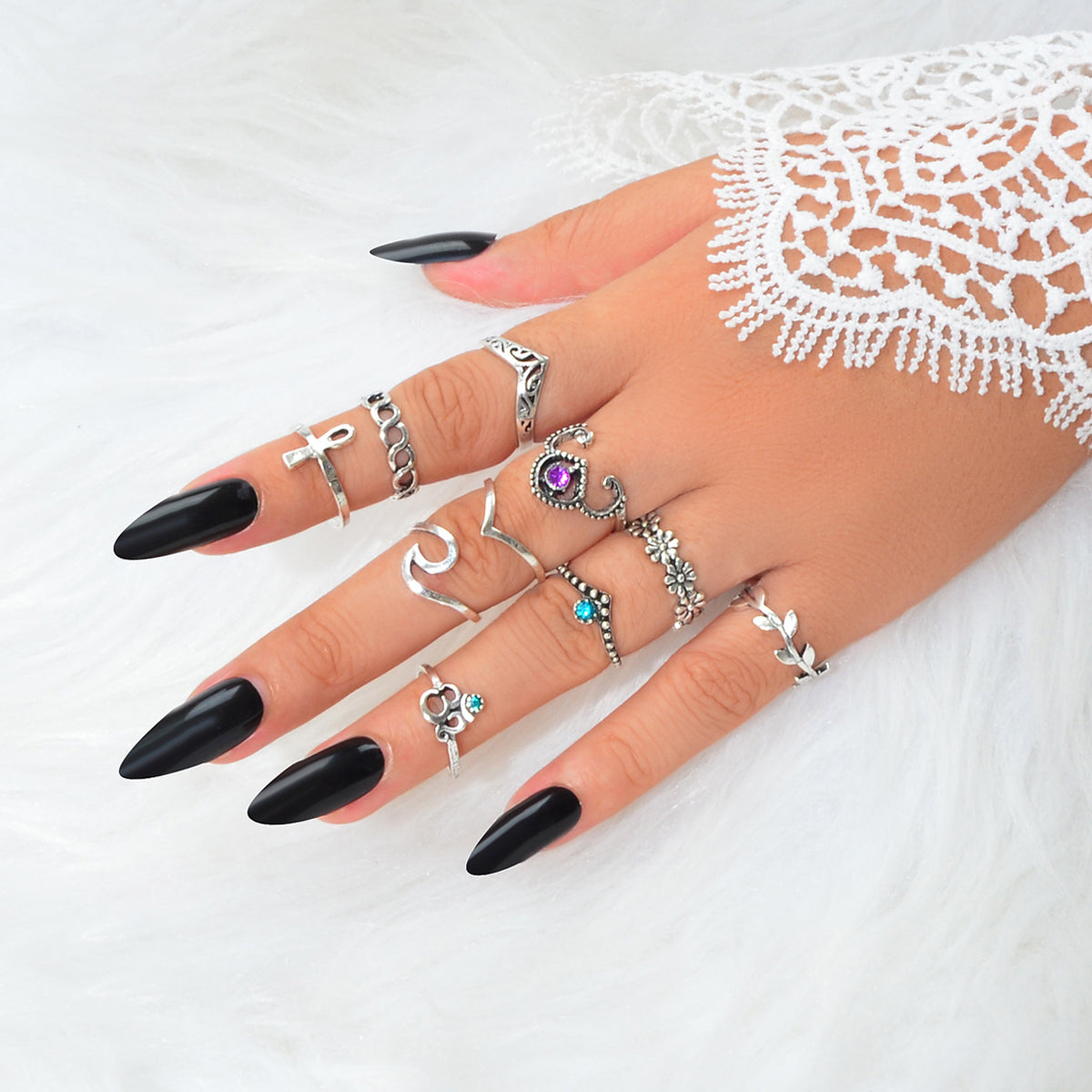 Multiple 10 pcs Antqiue Leaf Flower Geometric Stackable Midi Knuckle Rings set-0
