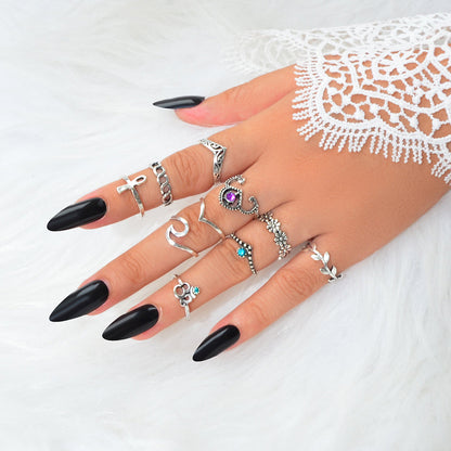 Multiple 10 pcs Antqiue Leaf Flower Geometric Stackable Midi Knuckle Rings set-0