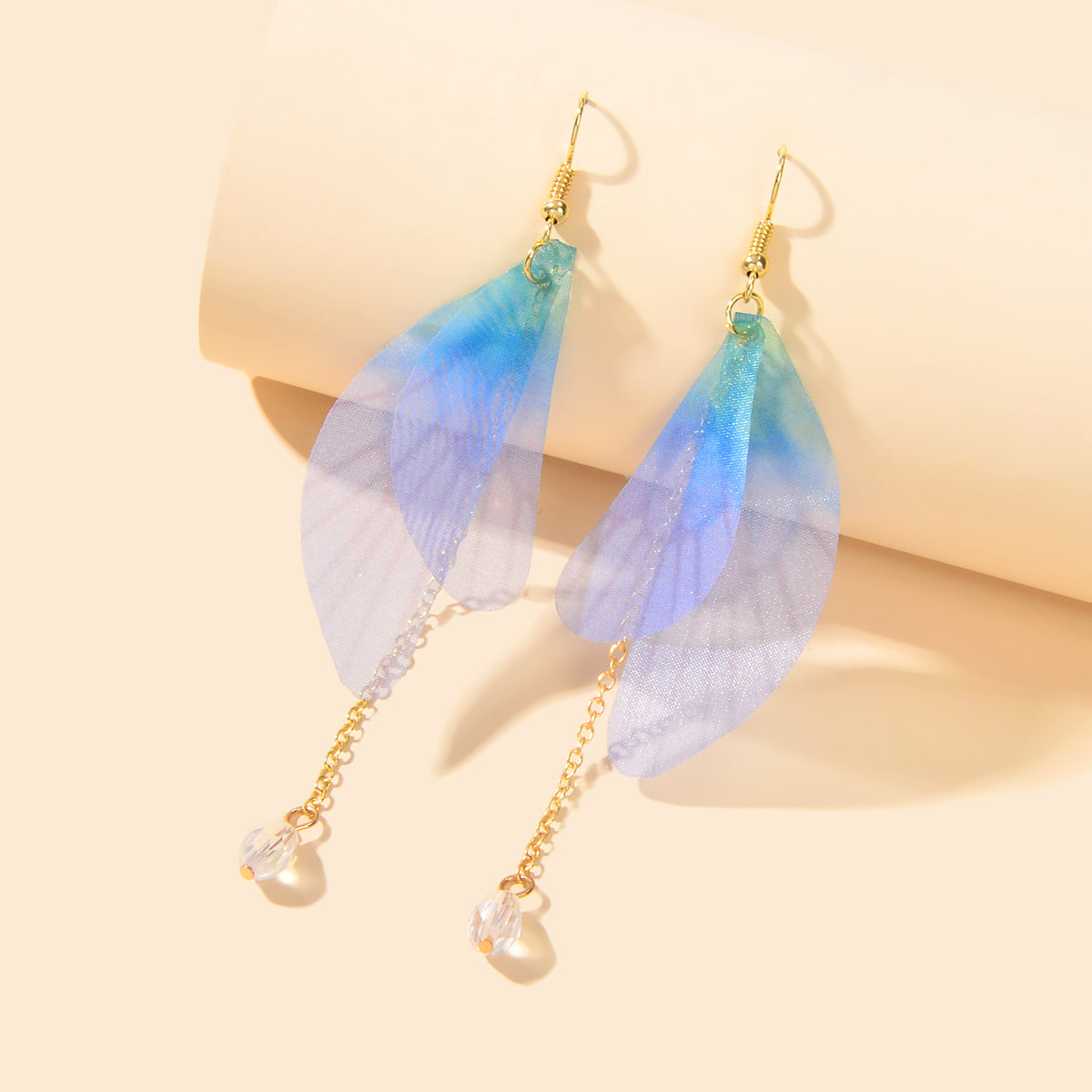 Unique Gold Chain Dangle Blue Transparent Dragonfly Wing Earrings Insect Jewelry-0