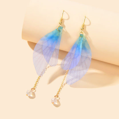 Unique Gold Chain Dangle Blue Transparent Dragonfly Wing Earrings Insect Jewelry-0