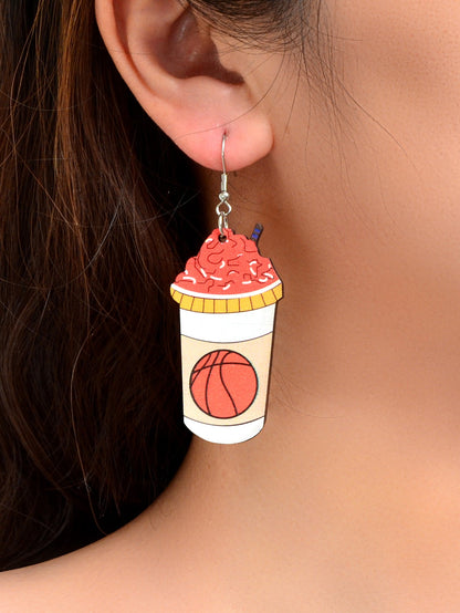 Funny Basketball Pattern Drink Shape Wood Dangle Earrings Sports Jewellery Gifts-1