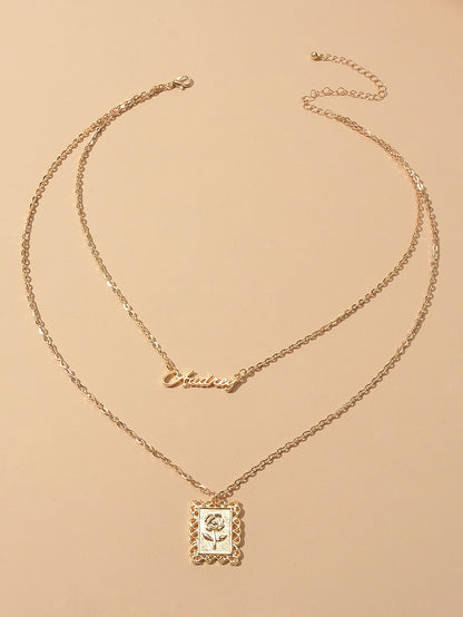 Unique Double layer Chain Letter Charm Flower Pattern Square Pendant Necklace-1