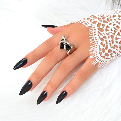 Silver Metal Wrap Black Heart Open Cuff Ring Perfect Engagement Gift Jewellery-0
