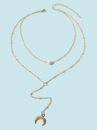 Fashion Jewellery Double layer Gold Chain Lariat Y Style Moon Pendant Necklace-1