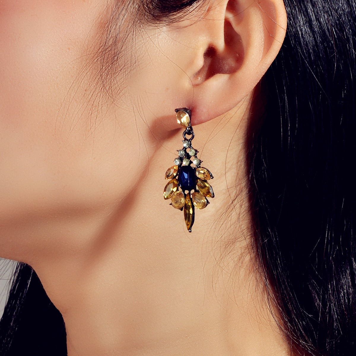 Luxurious Blue Champagne Crystal Flower Wedding Dangle Chunky Chandelier Earring-0