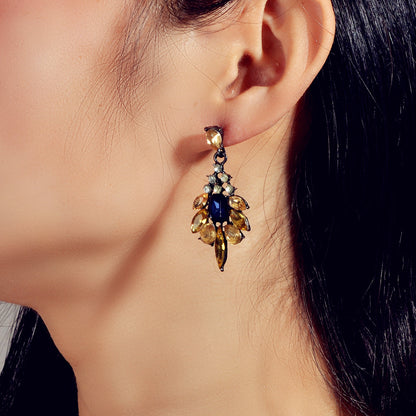 Luxurious Blue Champagne Crystal Flower Wedding Dangle Chunky Chandelier Earring-0