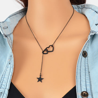 Black Chain Double Hearts Linked Star Pendant Y Lariat Necklace Clavicle Collar-0