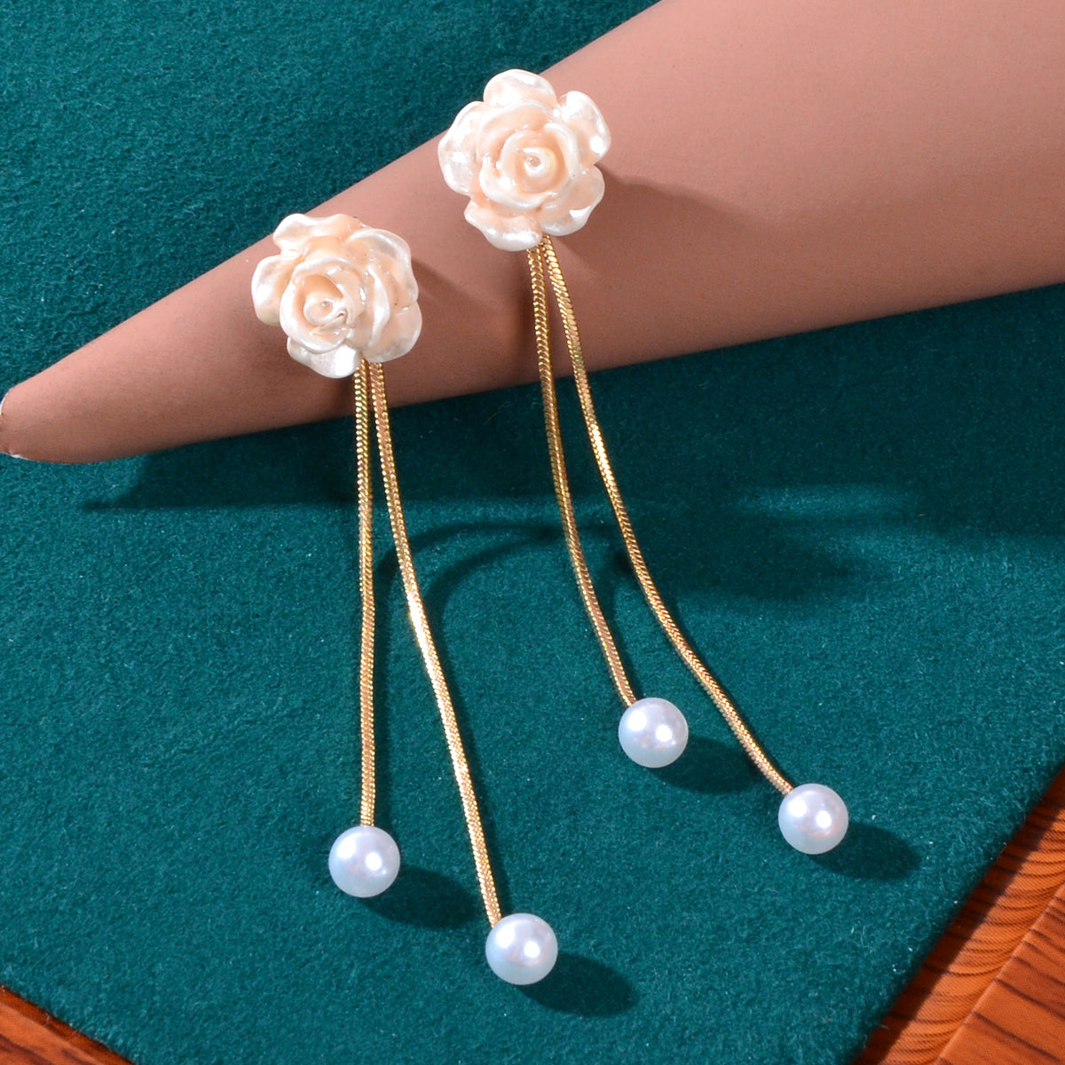 Romantic Flower Pearl Charm Long Gold Chain Pendant Earrings-4
