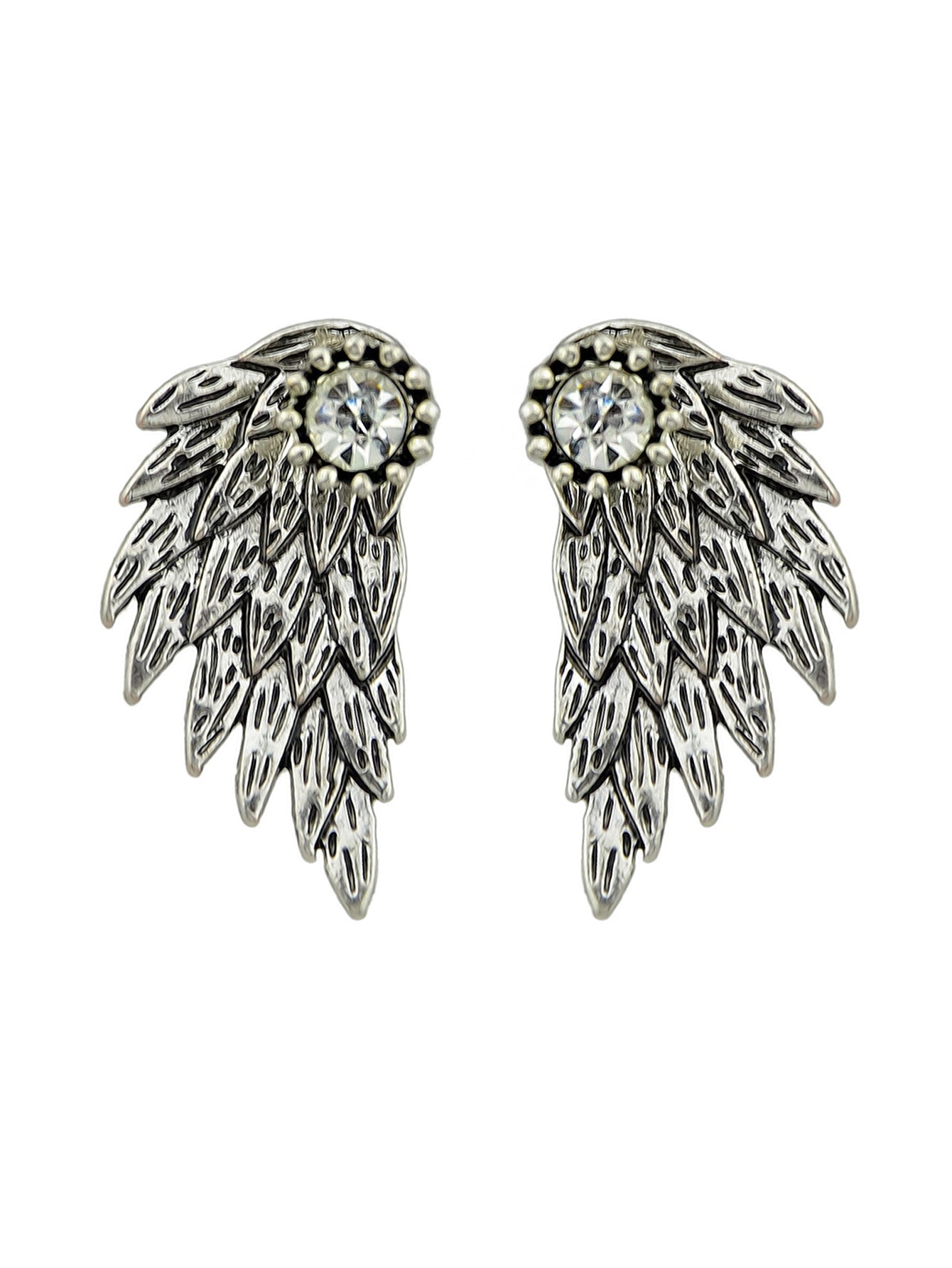 Punk Retro Black Antique Silver Color Rhinestone Wing Stud Earrings Ear Jacket-0