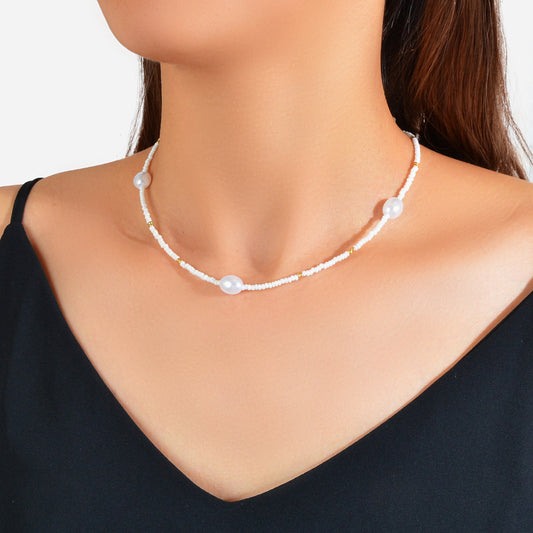 Bohemian Jewellery Handmade White Black Beads Pearl Short Choker Ethnic Necklace-0