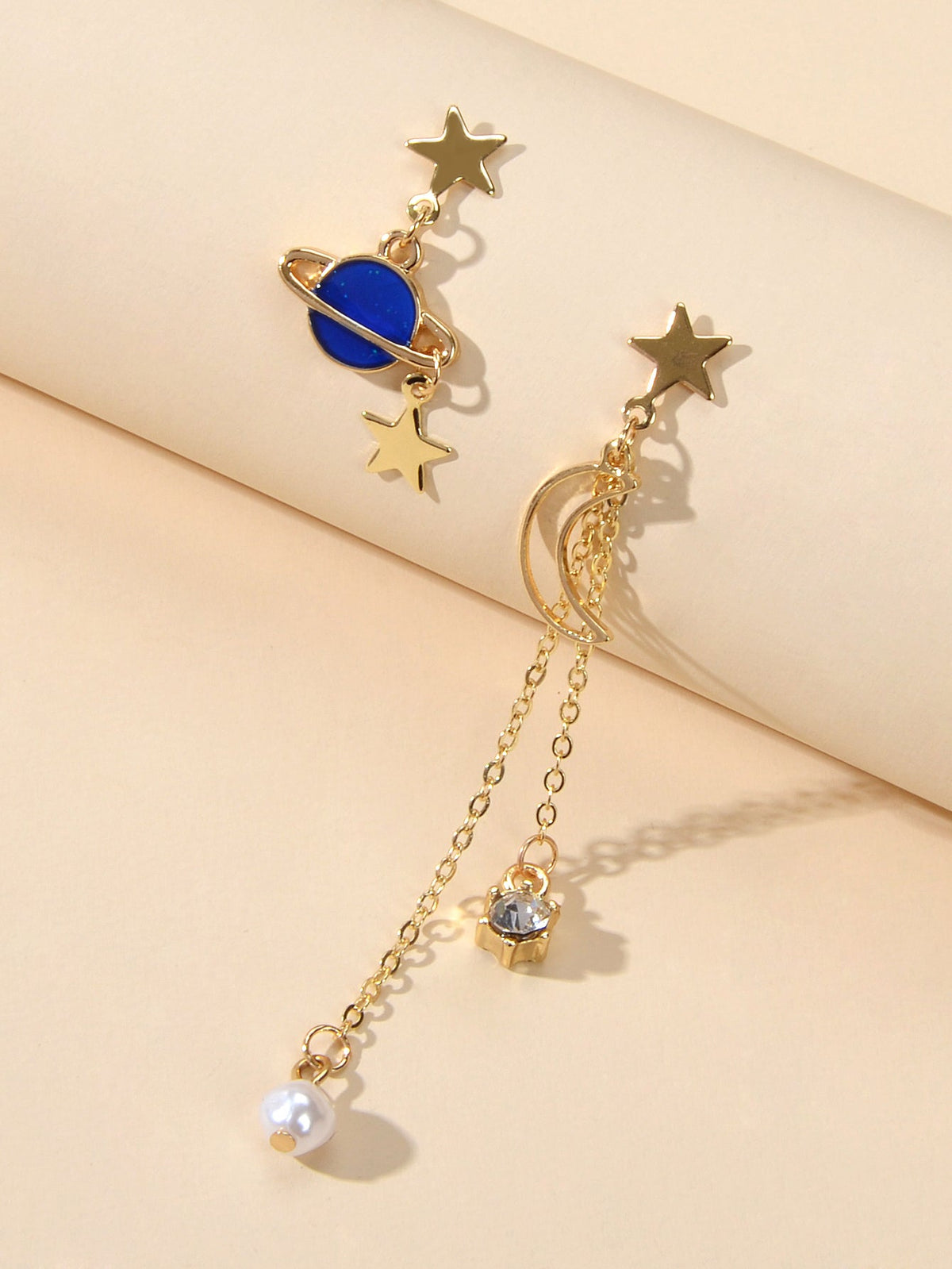 Asymmetric Pearl Rhinestone Decor Long Chain Star Moon Planet Dangle Earrings-0