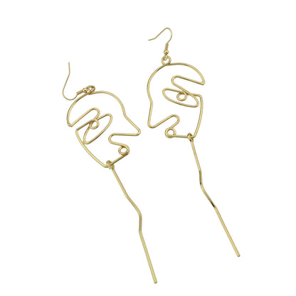 Abstract Art Gold Silver Metal Minimalist Hollow Weird Face Long Charm Earrings-4