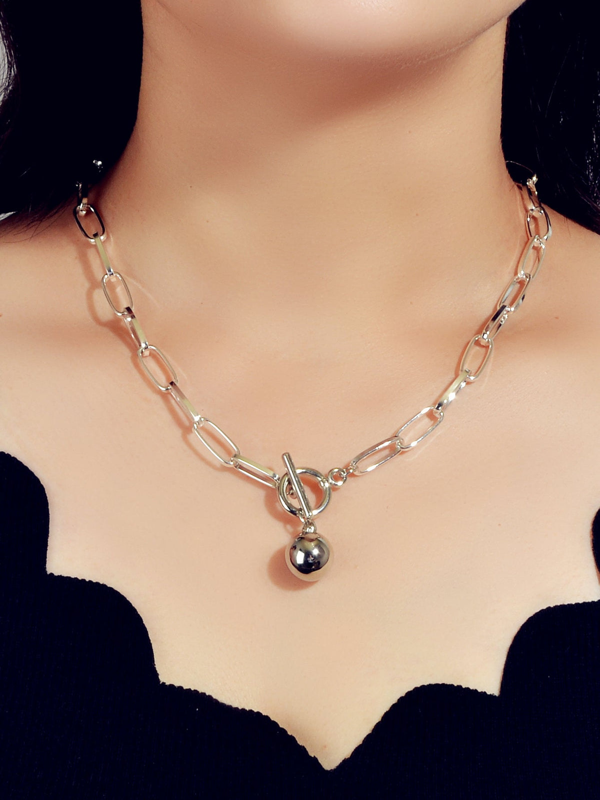 Female Thick Silver Chain Circle Bar Ball Pendant Necklace Punk Women Collar-0