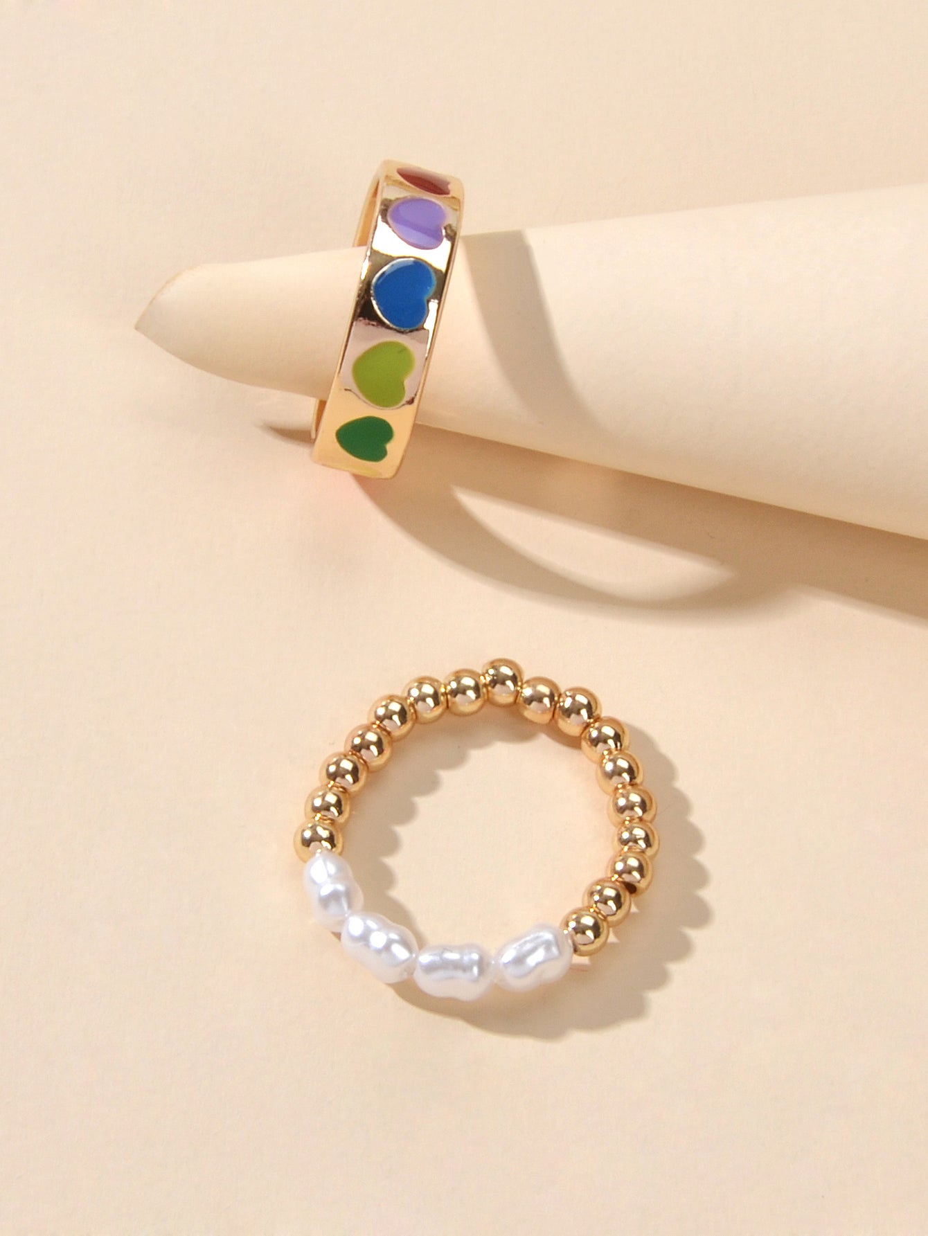 2 pcs Pearl Decor Elastic Ring Colorful Love Heart Enamel Finger Rings Jewellery-4