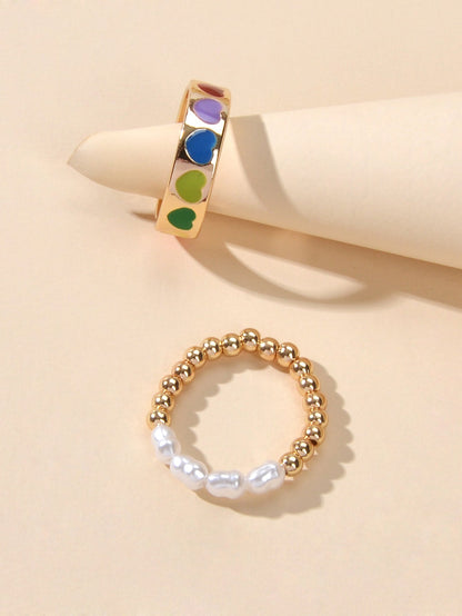2 pcs Pearl Decor Elastic Ring Colorful Love Heart Enamel Finger Rings Jewellery-4