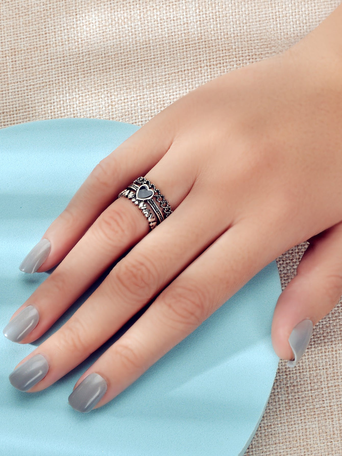 Vintage Antique Silver Black Enamel Love Heart Oxidized Intricate Stackable Ring-0