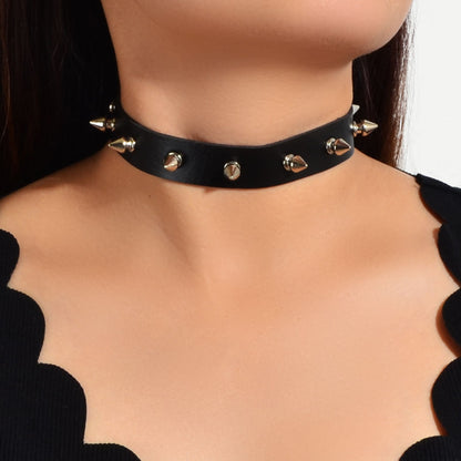 Have one to sell? Sell it yourself Punk Rock Spike Decor Black Pu Leather Belt Design Adjustable Choker Necklace-0