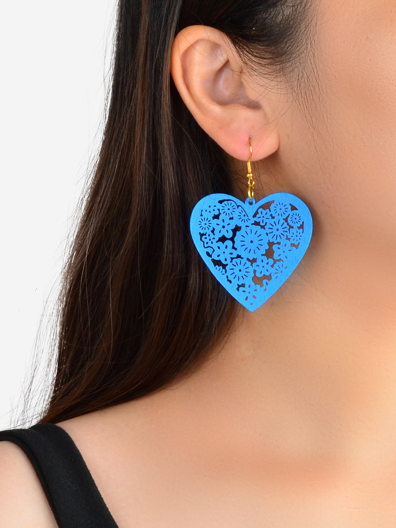 Nice Collection Colorful Wood Flower Pattern Hollow Heart Dangle Ladies Earrings-0
