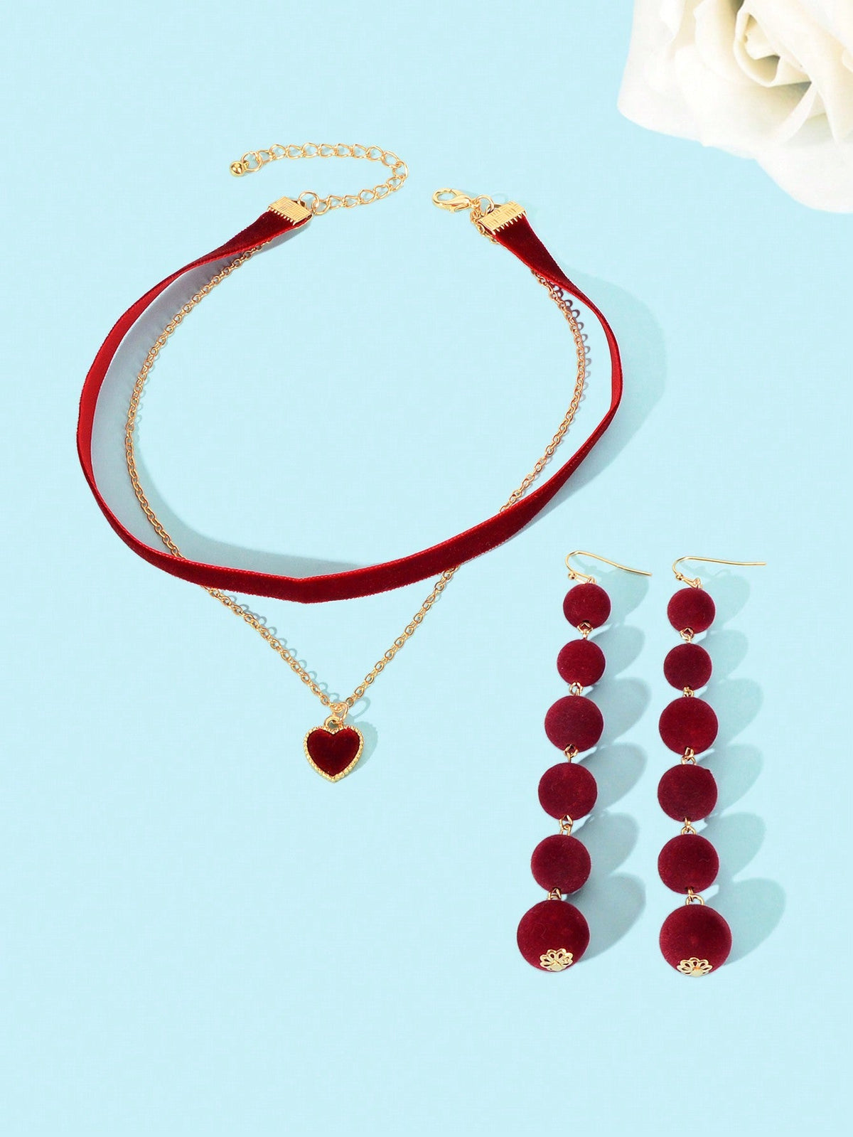 Burgundy Sphere Balls Pendant Earrings Double Layer Winered Heart Necklace Set-1
