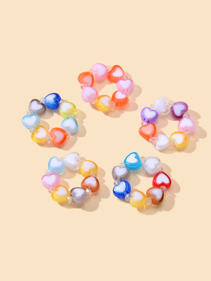 Random Color Women Girls Dainty Gifts Colorful Resin Heart Elastic Finger Ring-0