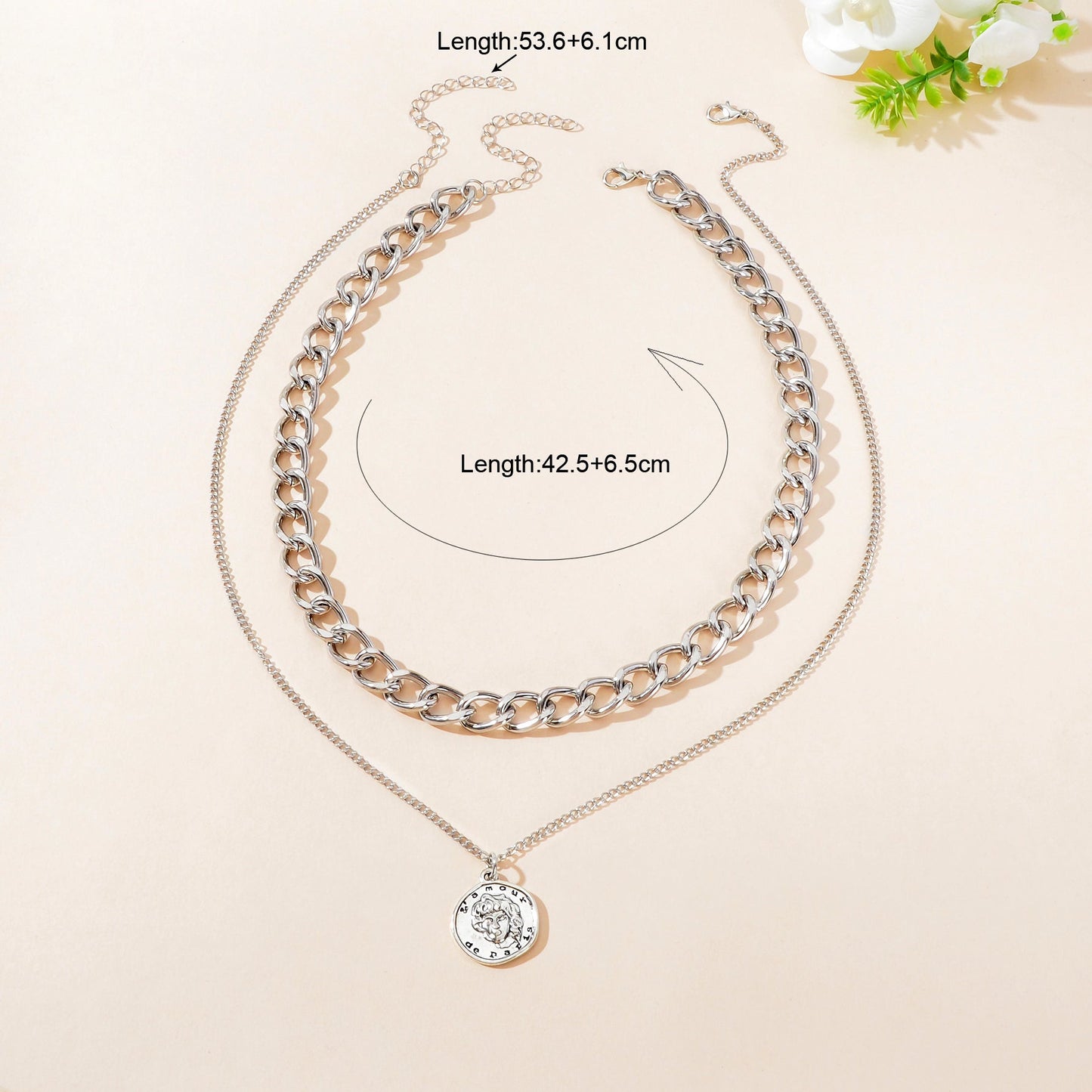 Hip Hop Double Layer Silvery Chunky Chain Round Portrait Pendant Necklace Street Statement Jewelry-4